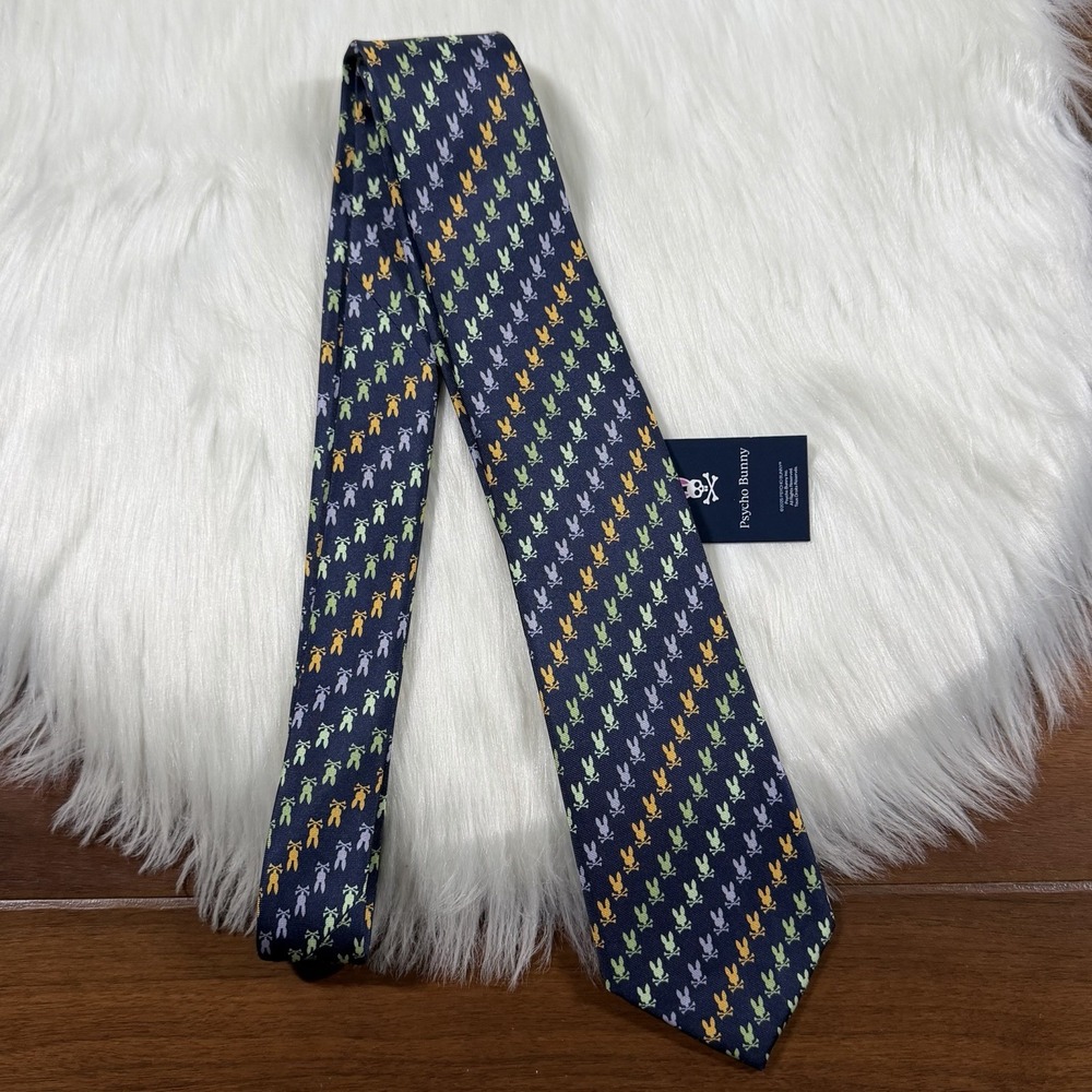 Psycho Bunny Men's Multicolor Blue Green Yellow Bunny Logo 100% Silk Necktie Tie